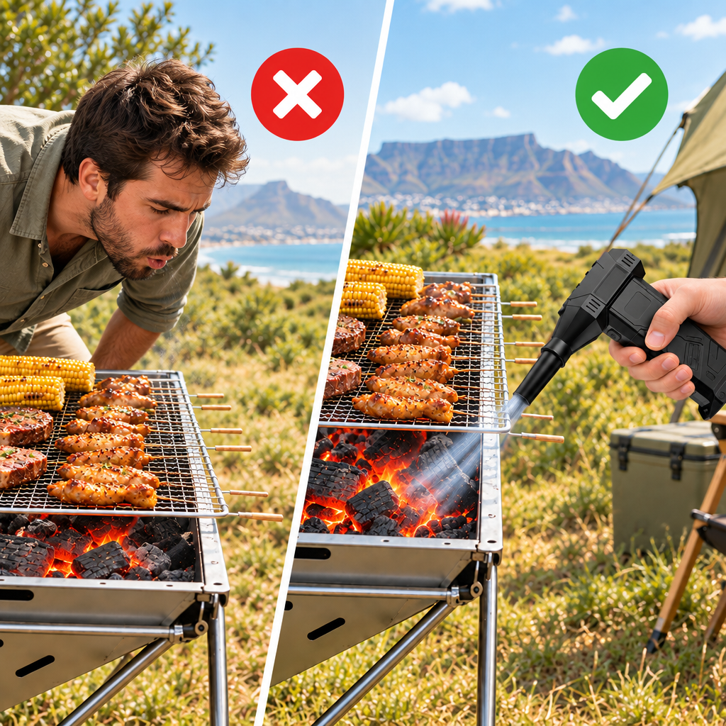 Bright BBQ comparison showing manual blowing with a red X and the blower with a green check mark