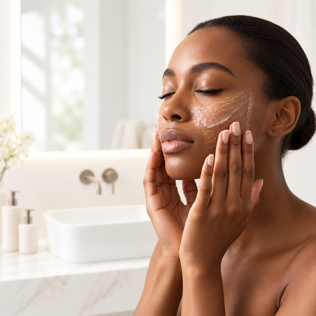 Clear Fumorry gel applied to the face in a bright white setting