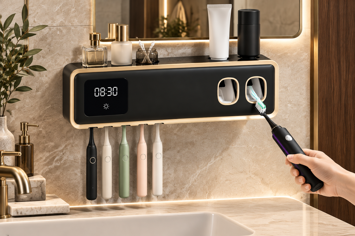 Complete smart toothbrush holder with toothpaste dispenser dispensing toothpaste onto a toothbrush in a luxury bathroom