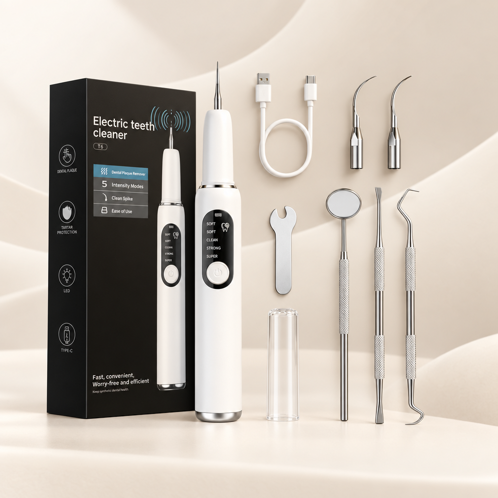 Electric Tooth Cleaner full-kit hero on a warm cream background