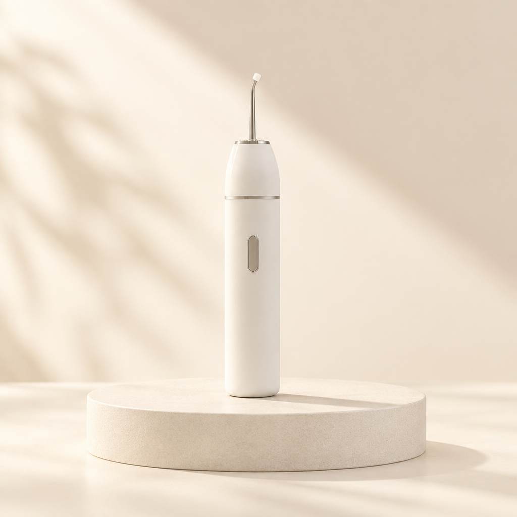 Electric Tooth Cleaner upright on a cream pedestal