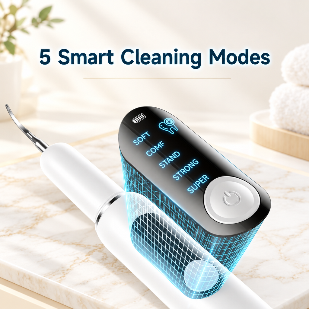 Electric tooth cleaner with five smart cleaning modes on a soft white background