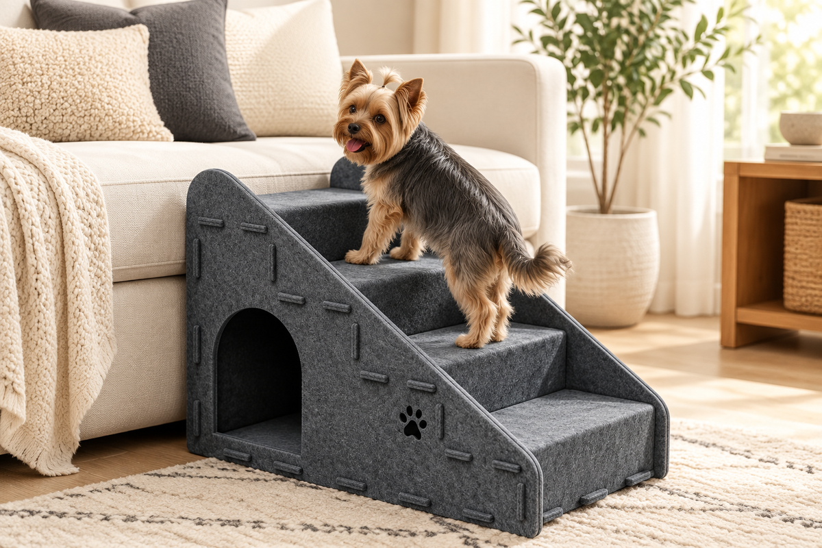 Foldable cat stairs with a Yorkie