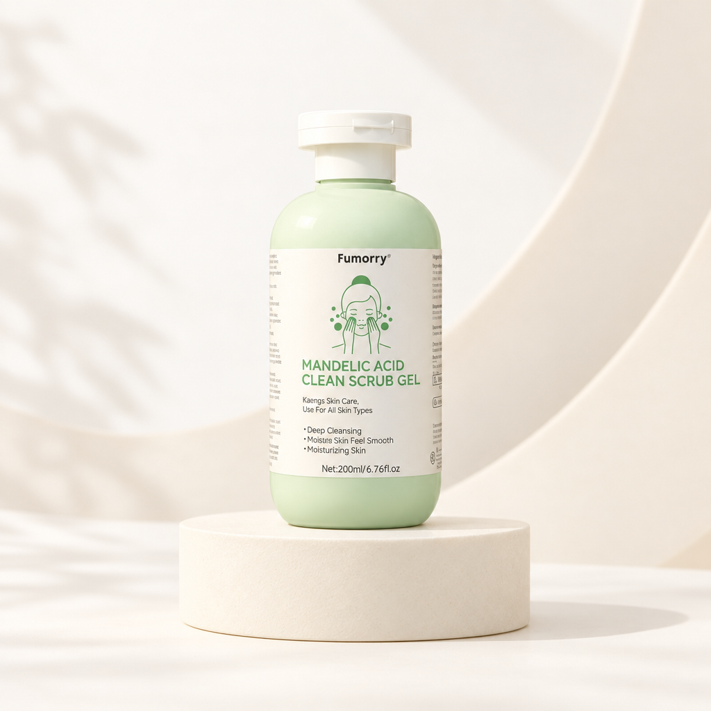 Fumorry Mandelic Acid Clean Scrub Gel on a pale cream pedestal