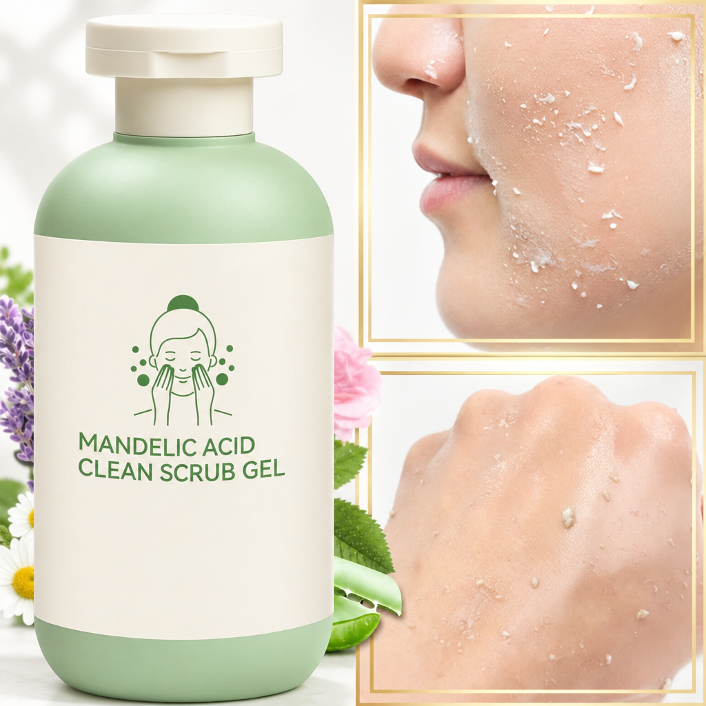 Fumorry scrub gel application close-ups on a light background