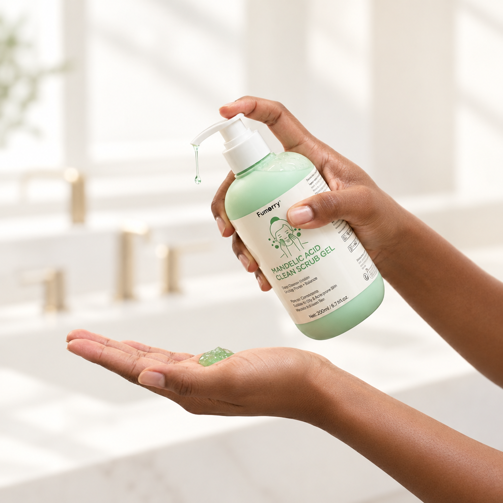 Fumorry scrub gel bottle held in hand against a bright cream setting