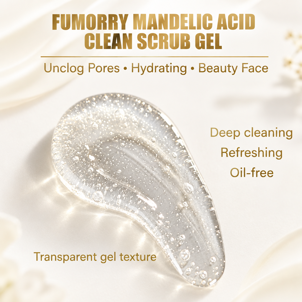 Fumorry scrub gel texture on a light cream and white background