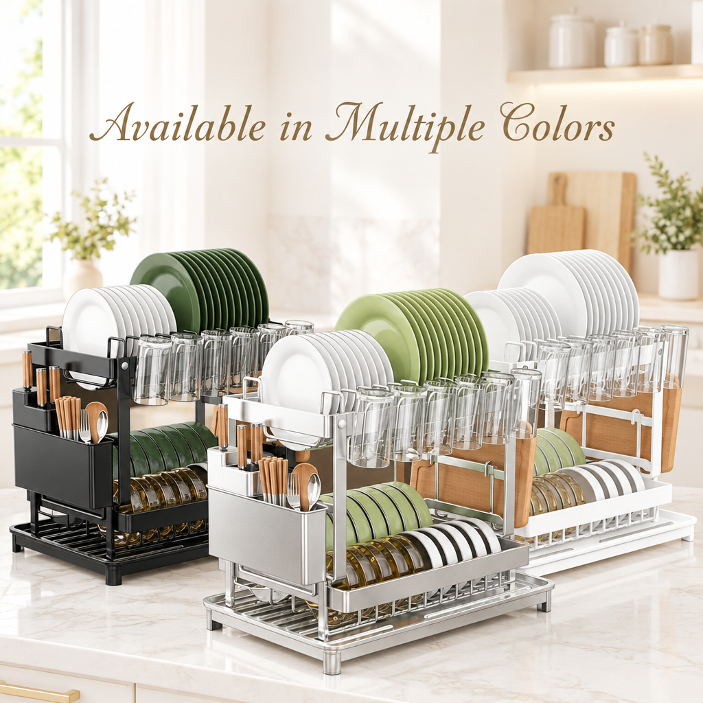 Dish drying rack colour options on a bright light background
