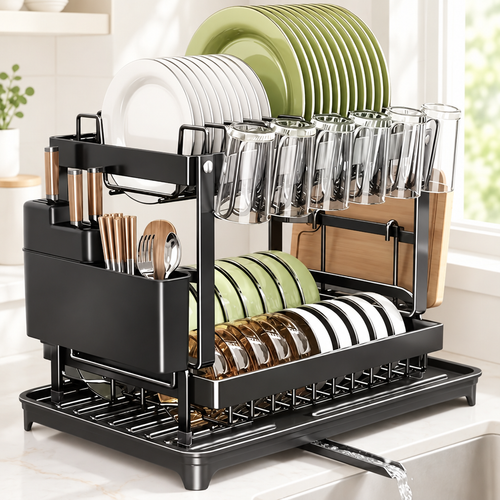 Two-tier dish drying rack in a bright white and cream kitchen