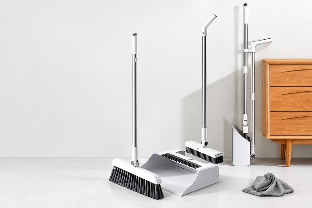 Landscape 3:2 image of a white 4-in-1 broom and dustpan cleaning set