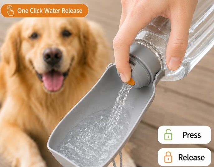 Portable dog water bottle dispensing water into its drinking cup