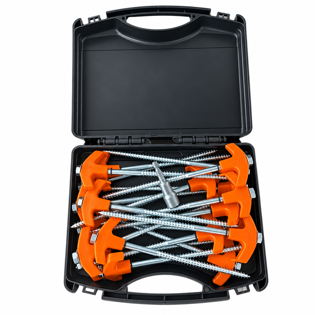 Orange-headed metal ground stakes and installation wrench in open black carry case