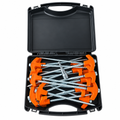 Orange-headed metal ground stakes and installation wrench in open black carry case