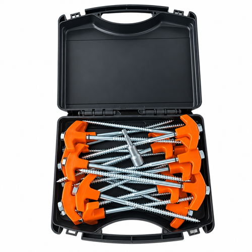 Orange-headed metal ground stakes and installation wrench in open black carry case