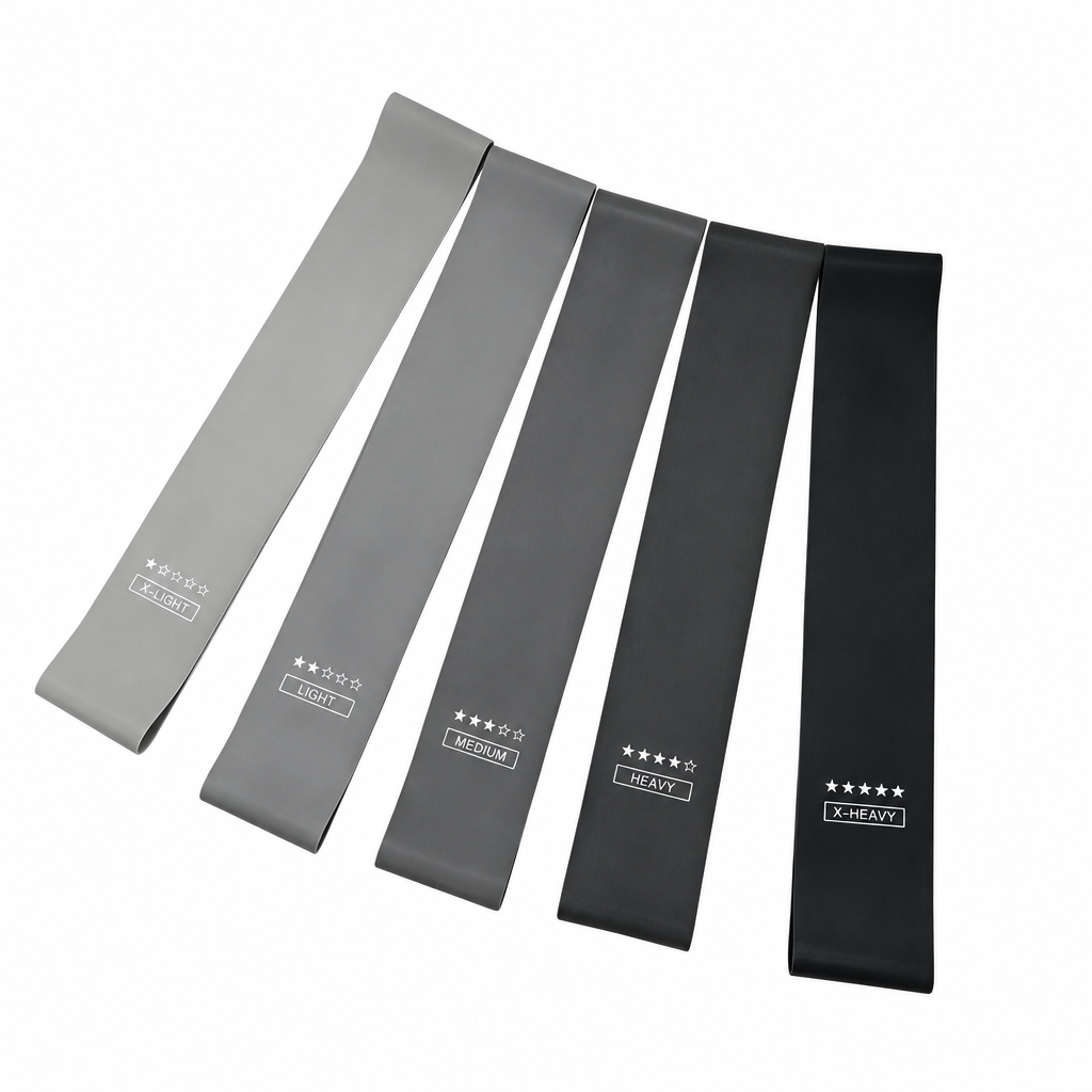 Five grey and black resistance loop bands on a clean white background
