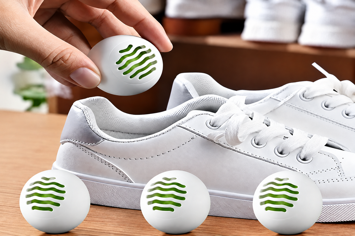 White deodorizer balls used in a white sneaker
