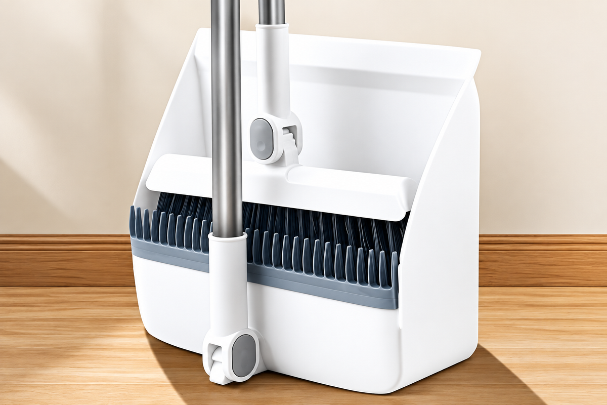 Clear high contrast image of a white 4-in-1 broom and dustpan cleaning set
