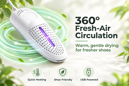 USB shoe dryer with fresh-air circulation and gentle drying feature