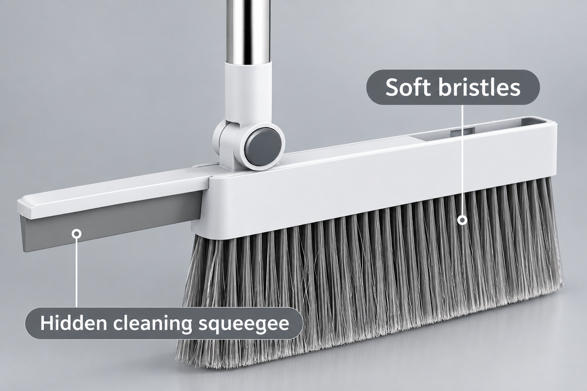 Premium close-up of soft broom bristles and hidden cleaning squeegee