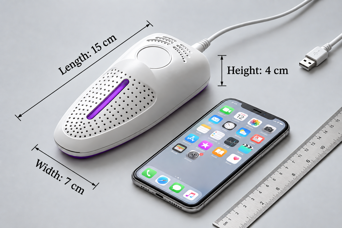 USB shoe dryer with length 15 cm, width 7 cm, and height 4 cm measurements