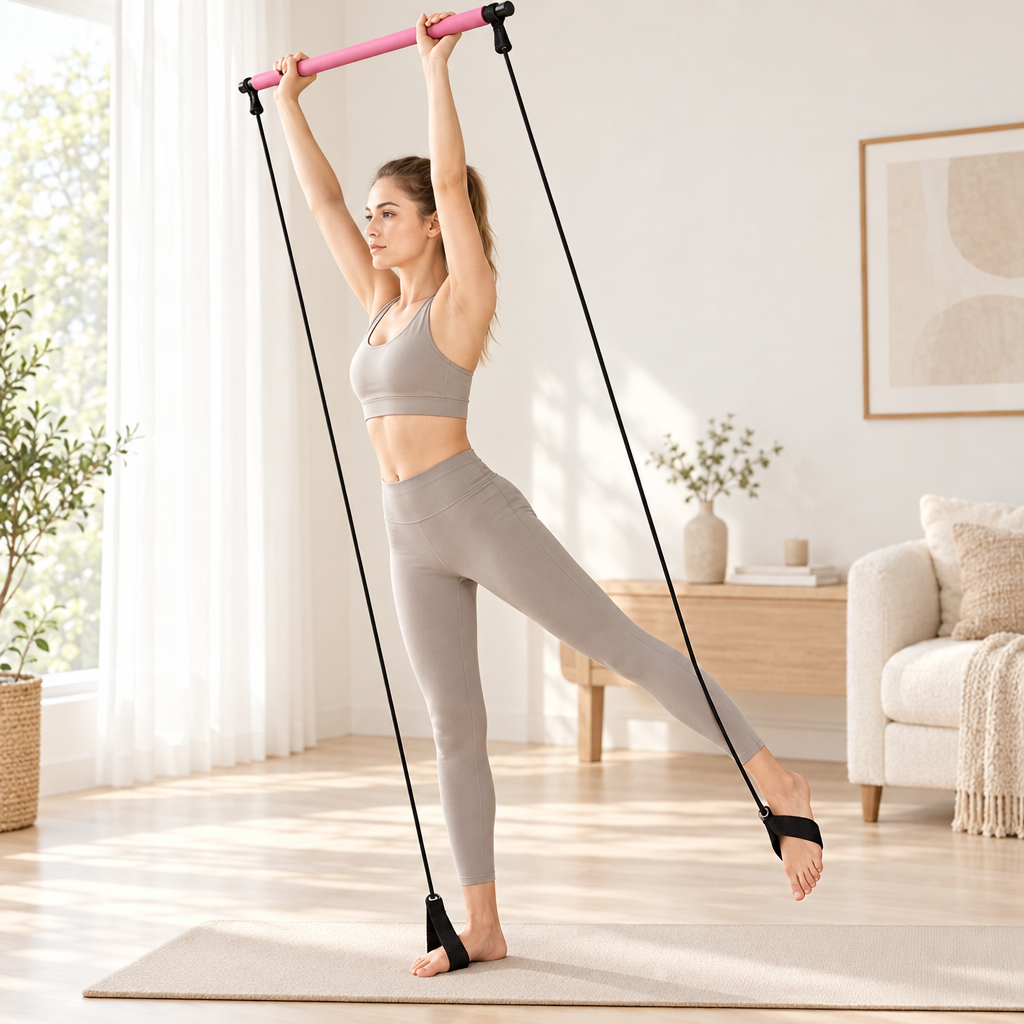 Woman using pink Pilates bar with resistance cords in bright home studio
