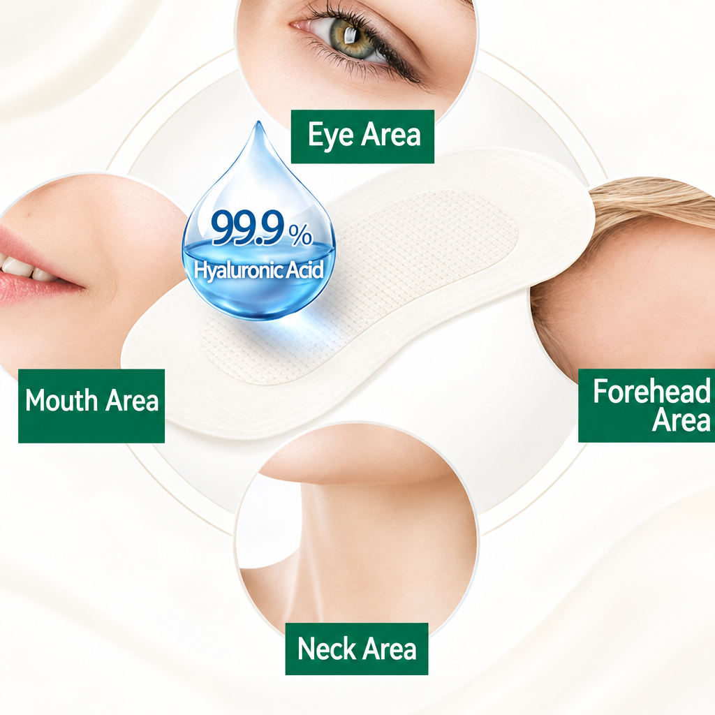 Eye forehead mouth and neck patch application areas on a soft-white background