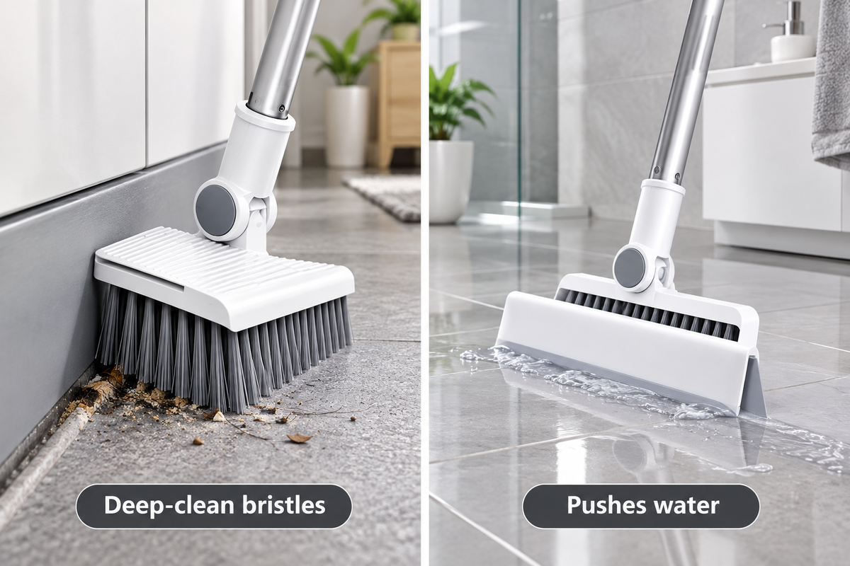 Broom bristles cleaning grooves and floor squeegee pushing water