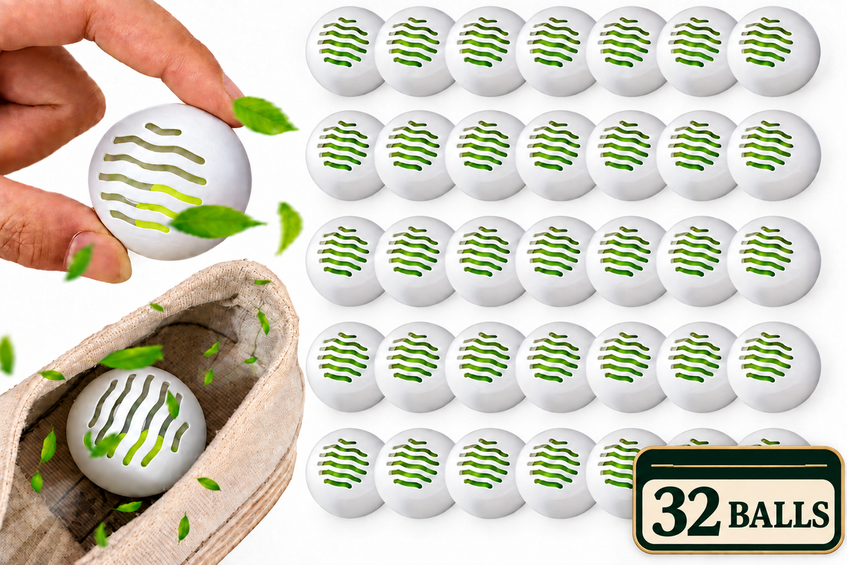 Premium image showing 32 deodorizer balls with refined badge design