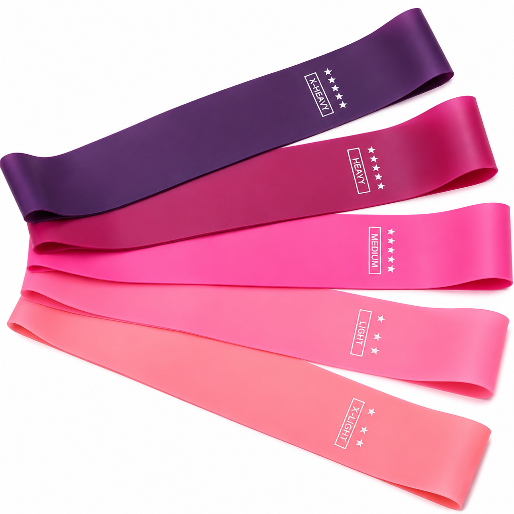 Five pink and purple resistance loop bands on a clean white background