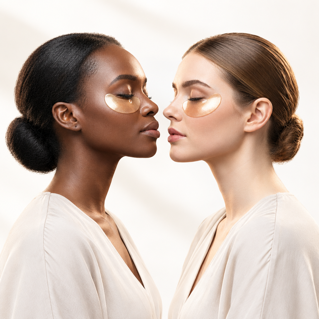 Women wearing dissolving eye patches against a light background