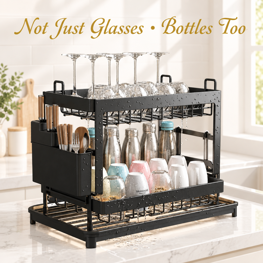 Bottles and glasses drip drying on a dish rack in a bright kitchen