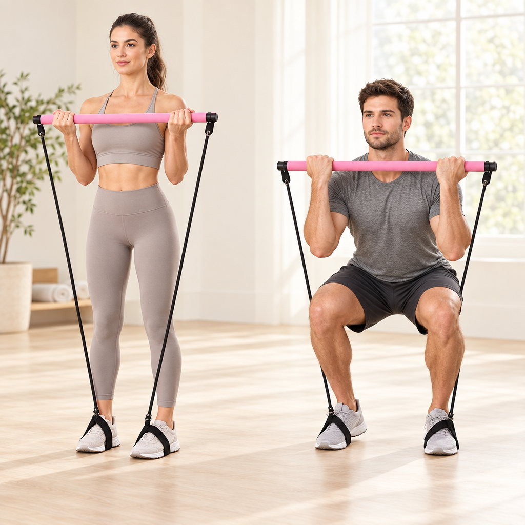 Woman and man using pink Pilates bars for curls and squats