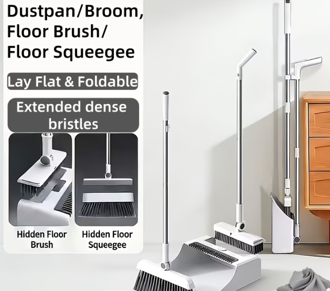 4-in-1 broom, dustpan, floor brush and floor squeegee cleaning set