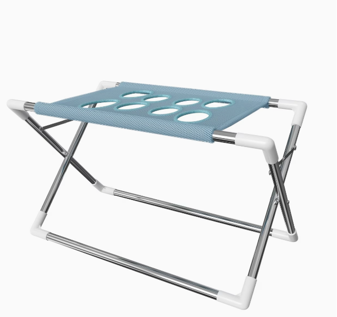 Blue elevated folding pet cot with breathable mesh surface