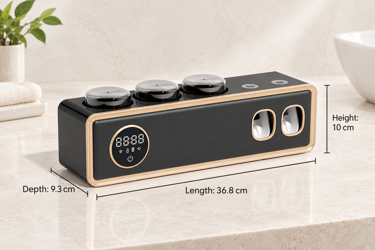 Smart toothbrush holder with length 36.8 cm, depth 9.3 cm, and height 10 cm measurements