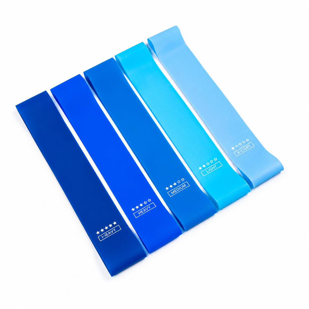 Five blue resistance loop bands on a clean white background