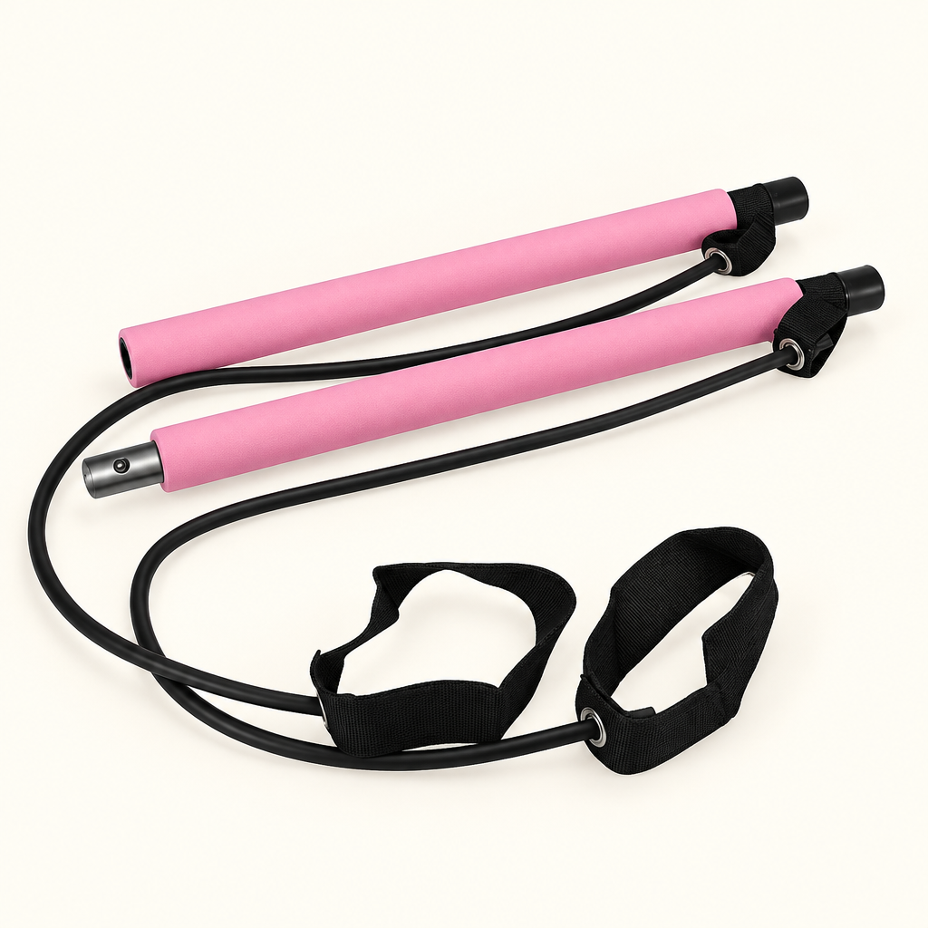 Detachable pink Pilates bar with two black resistance cords and foot loops