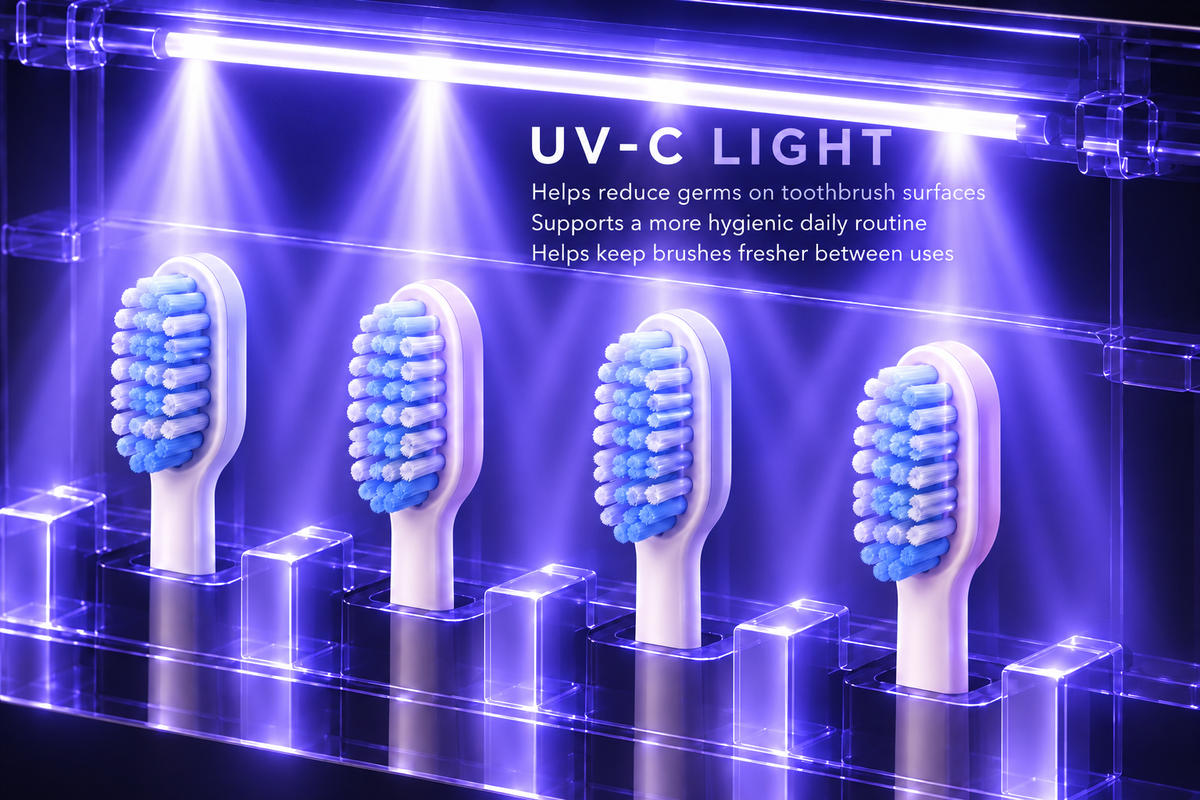 Toothbrush close-up showing UV-C light with hygiene and freshness benefits