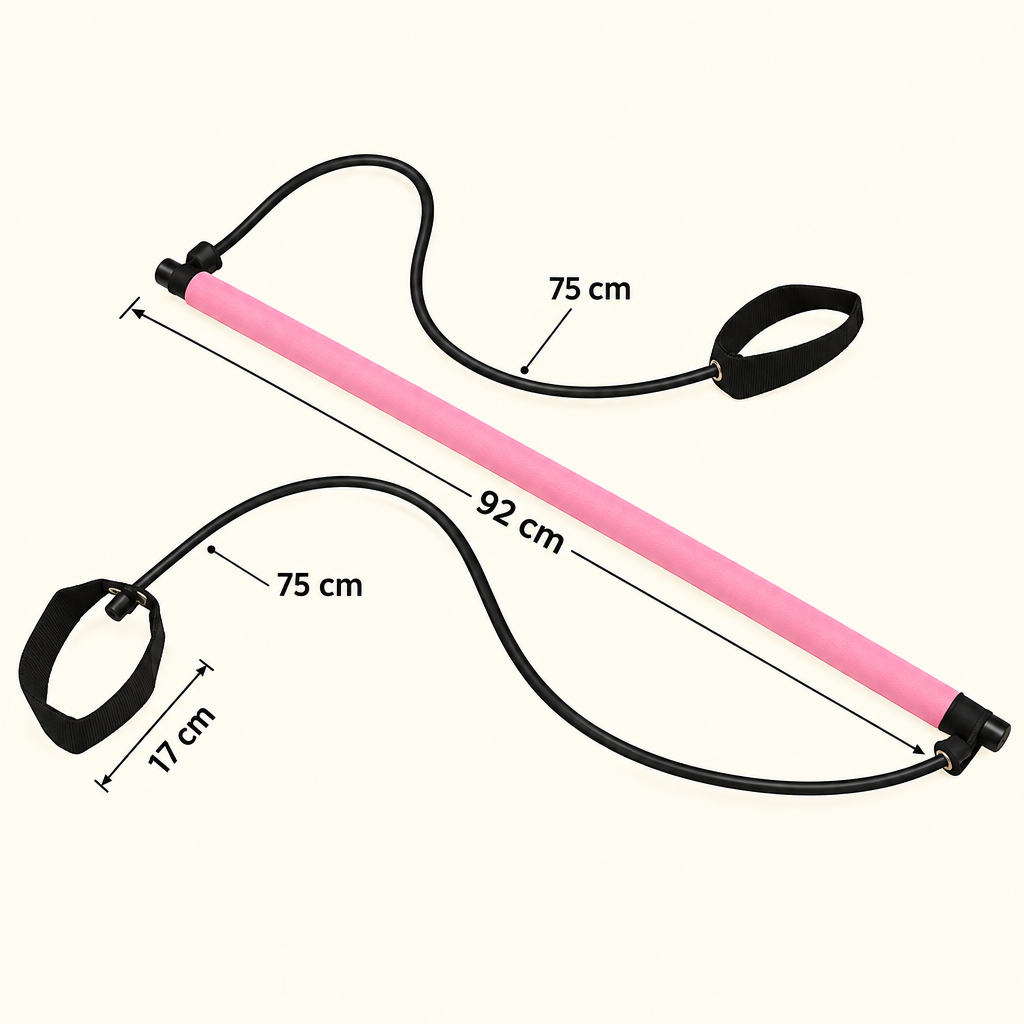 Pink Pilates bar with measurements shown only in centimetres