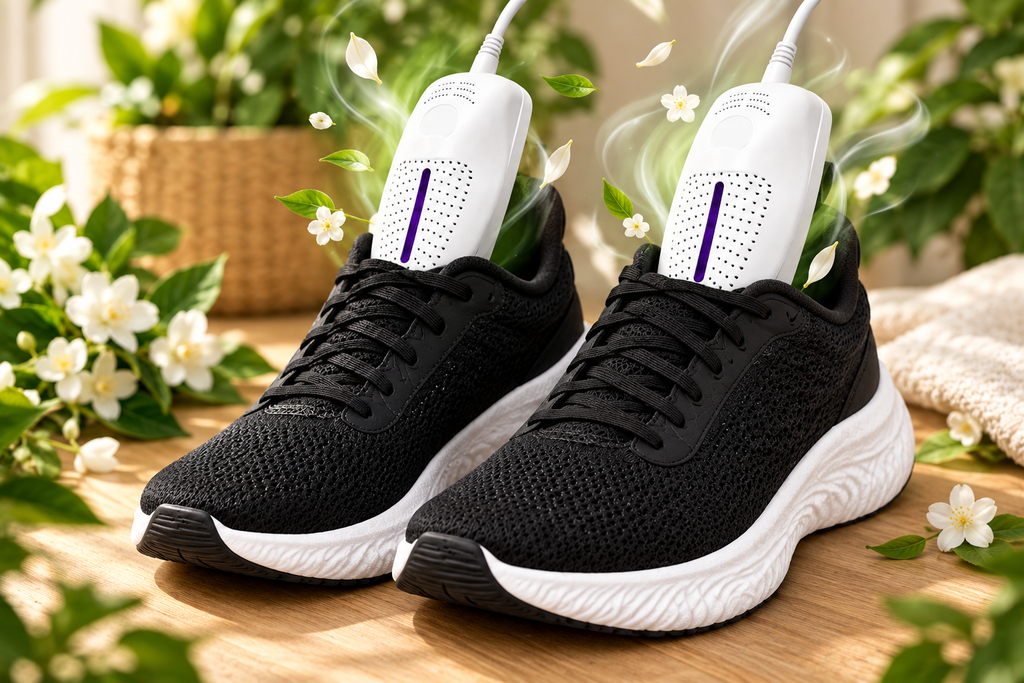 USB shoe dryer inside modern sneakers with subtle fresh floral aroma