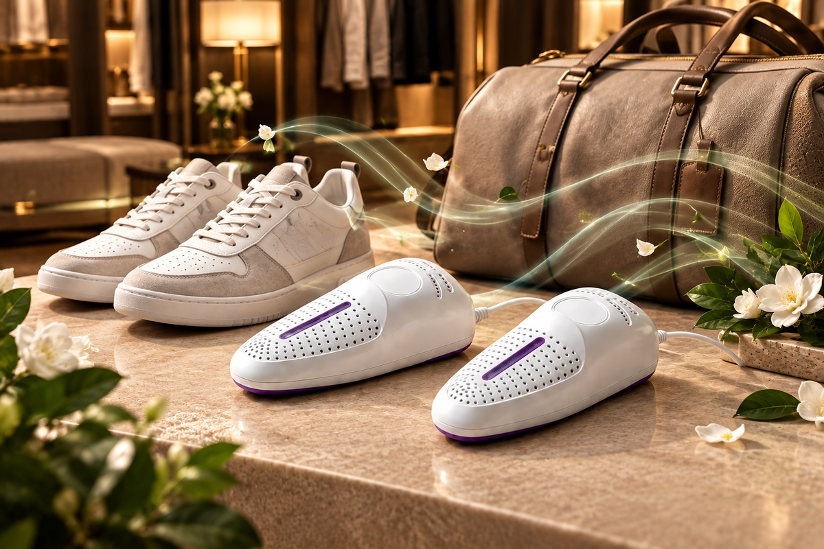 USB shoe dryers beside sneakers and travel bag with subtle clean-air aroma
