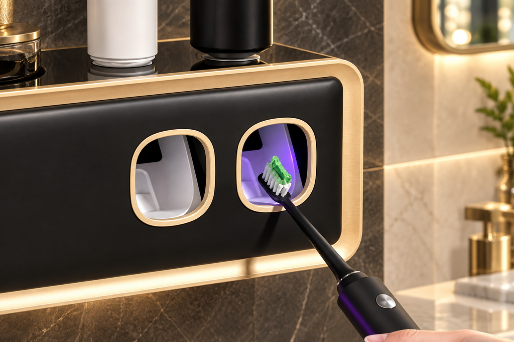 Luxury close-up of the smart toothbrush holder being used in a refined bathroom