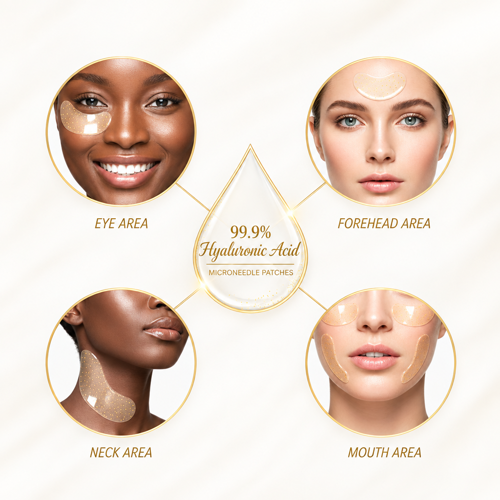 Premium eye patch application areas on a light cream background