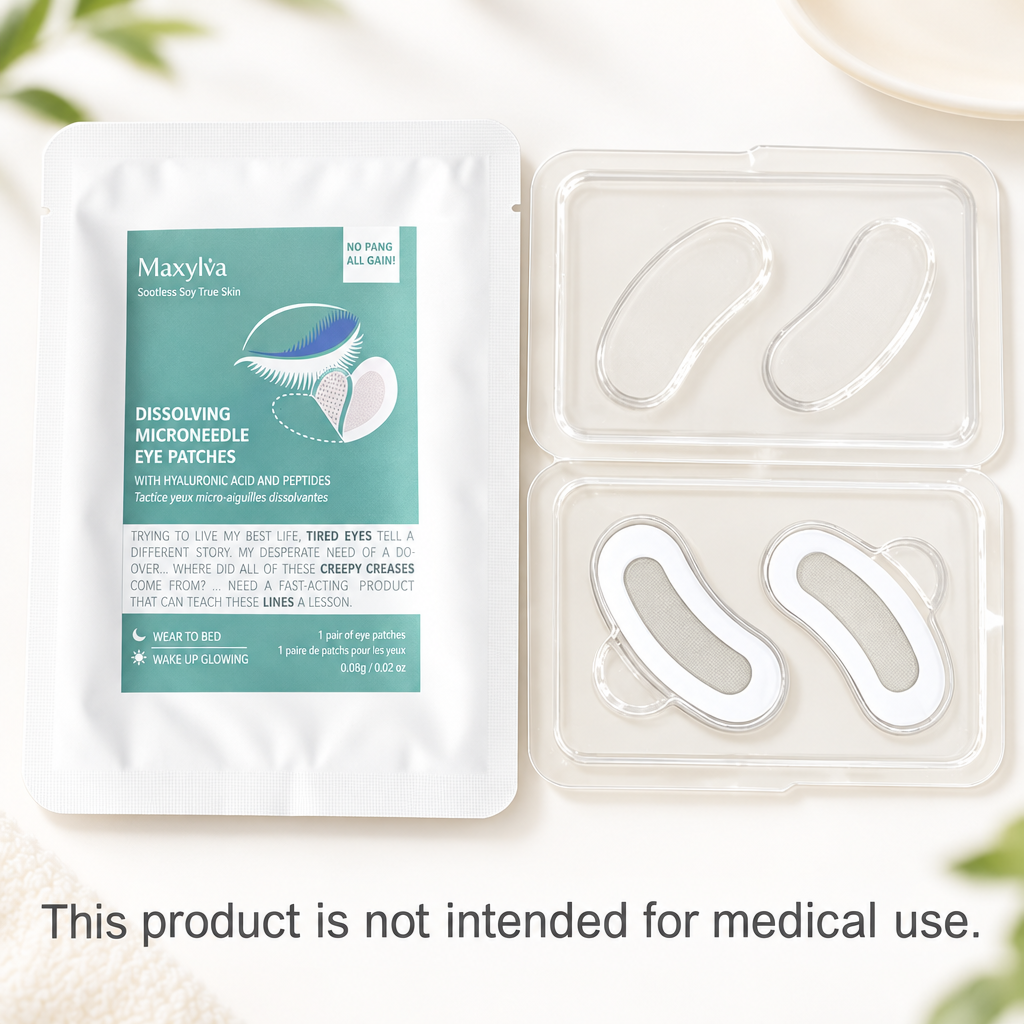 Dissolving microneedle eye patch packaging and patches on a light background