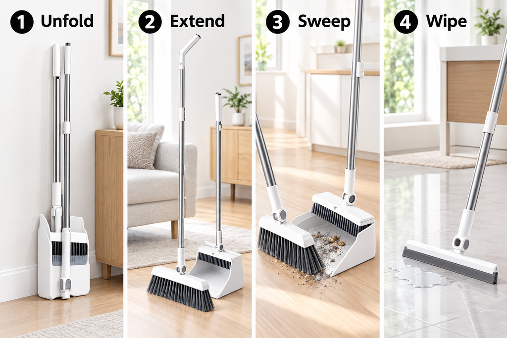 Four-step guide showing how to unfold, extend, sweep, and wipe with the 4-in-1 cleaning set