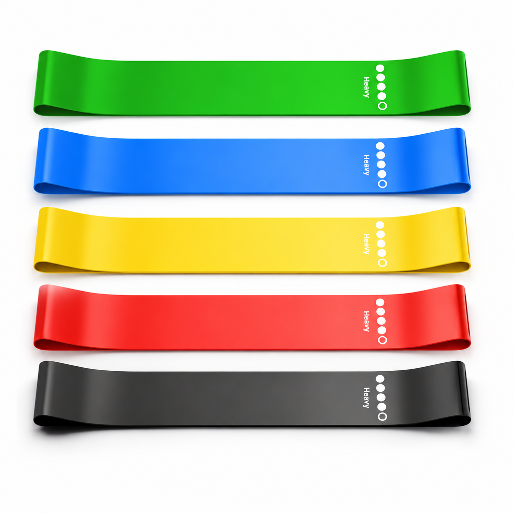 Five green, blue, yellow, red and black resistance loop bands on a clean white background