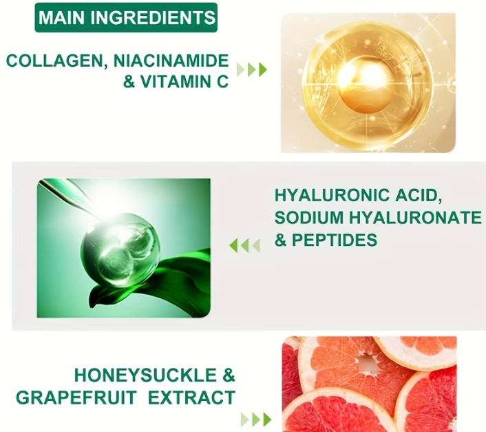 Main ingredients - Collagen, Niacinamide, Vitamin C, Hyaluronic Acid and Peptides