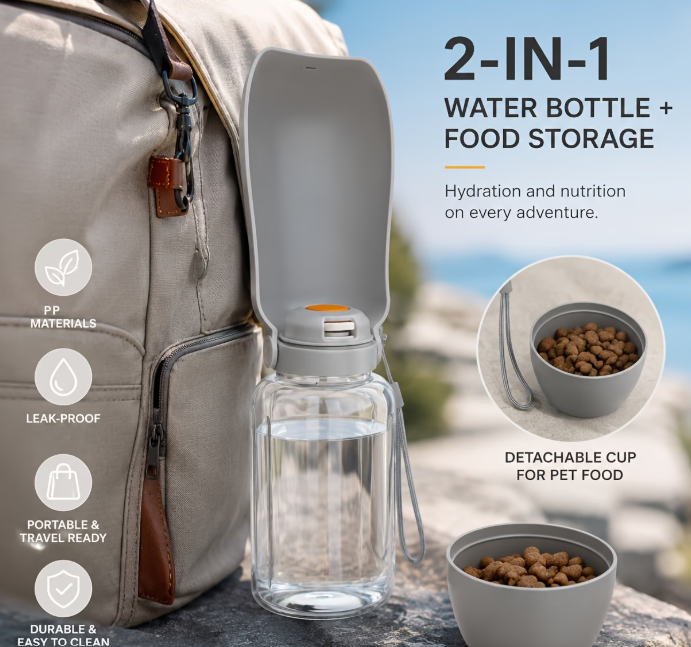 2-in-1 dog water bottle with detachable food cup for walks