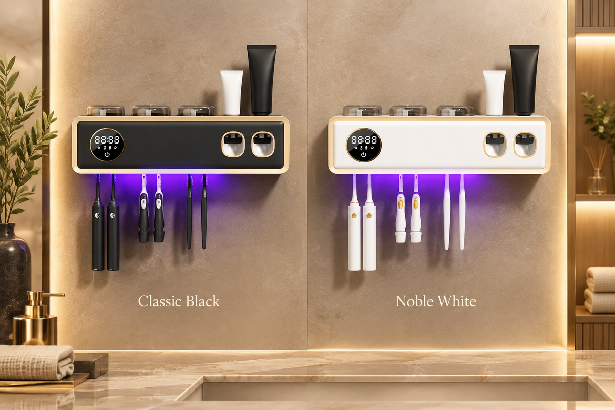Smart drying toothbrush holder shown in Classic Black and Noble White