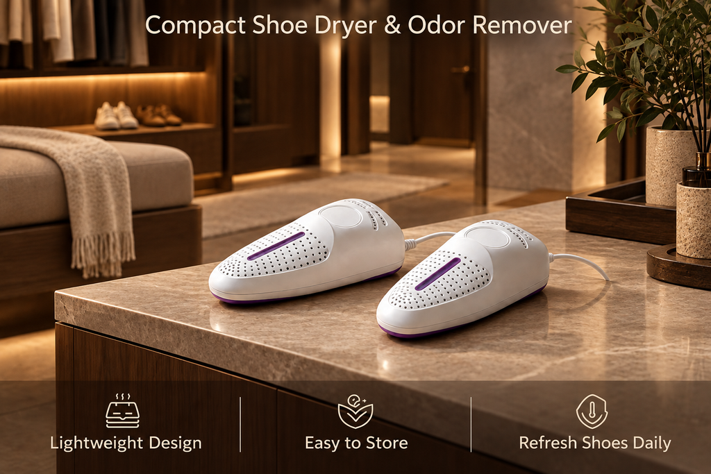 USB shoe dryers in a premium modern dressing room with shoes and travel luggage